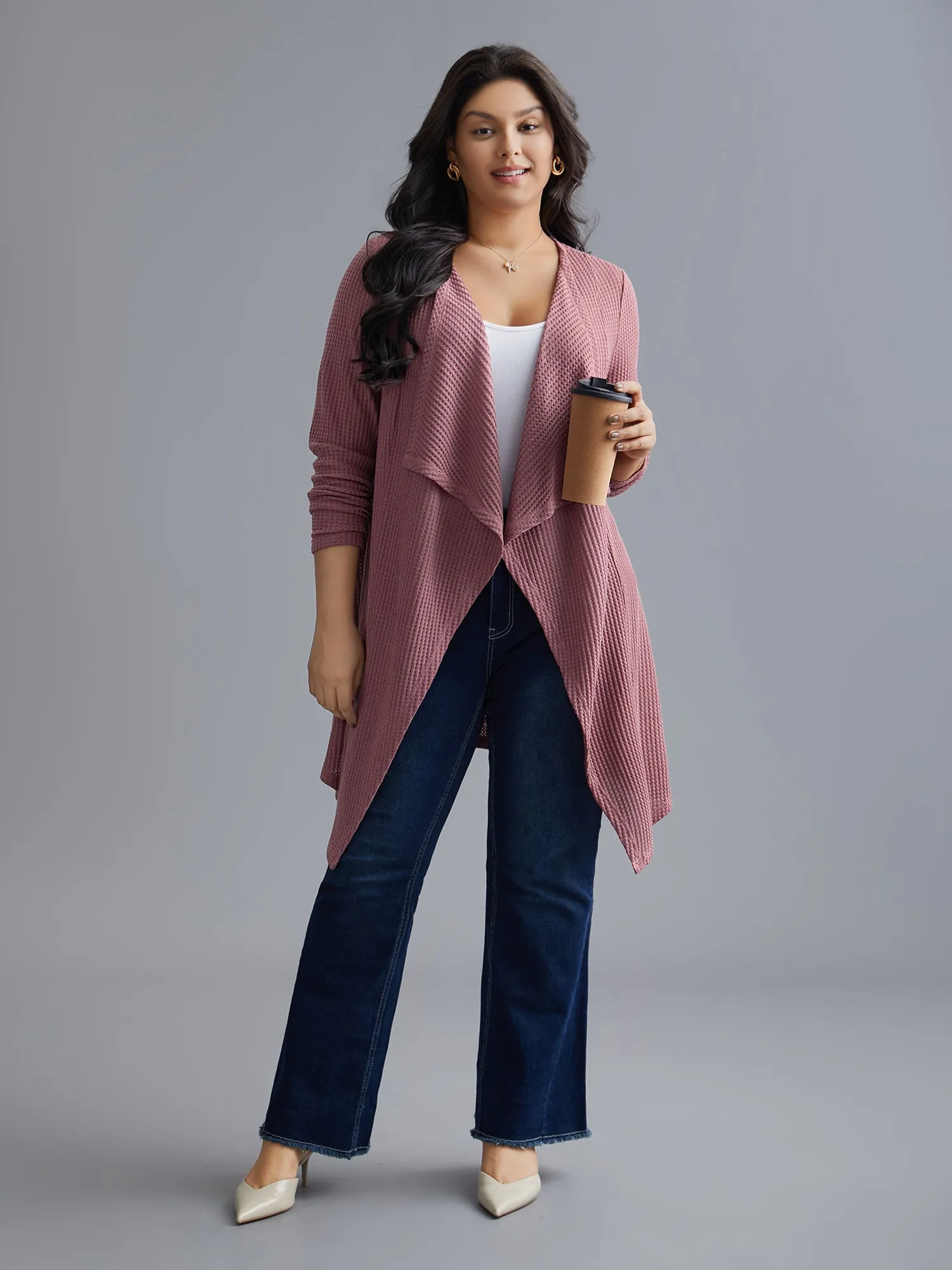 Lapel Collar Waffle Grid Open-Front Jacket sold by Bloomchic product image thumbnail 3