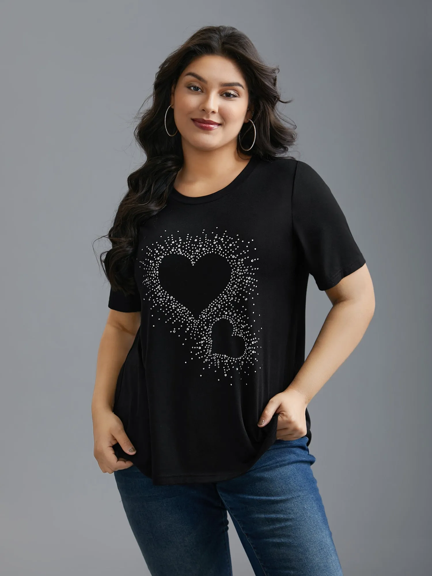 Crew Neck Rhinestone Heart T-Shirt sold by Bloomchic