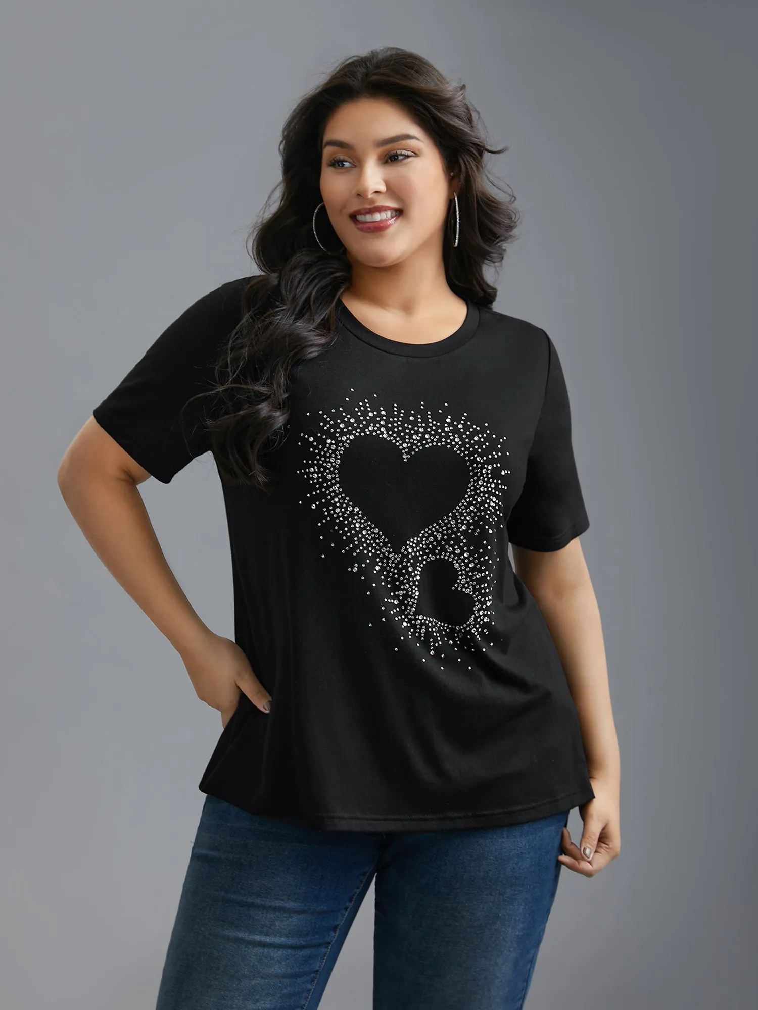 Crew Neck Rhinestone Heart T-Shirt sold by Bloomchic product image thumbnail 5