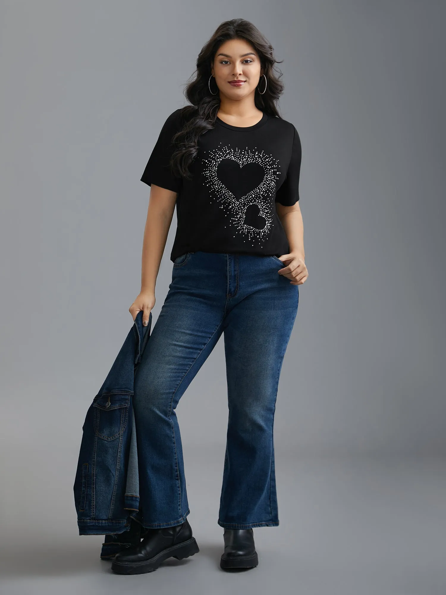 Crew Neck Rhinestone Heart T-Shirt sold by Bloomchic product image thumbnail 4