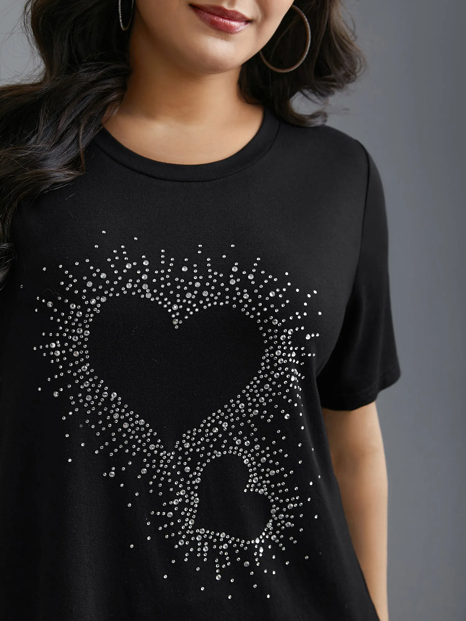Crew Neck Rhinestone Heart T-Shirt sold by Bloomchic product image thumbnail 3