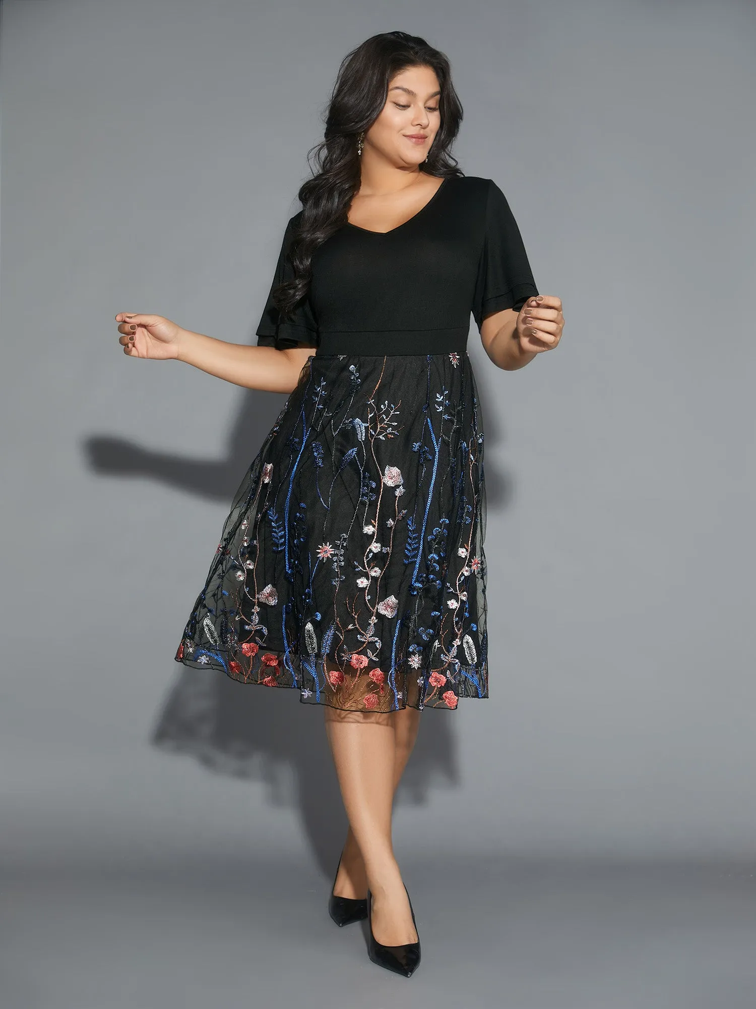 V Neck Mesh Embroidered Patch Dress sold by Bloomchic