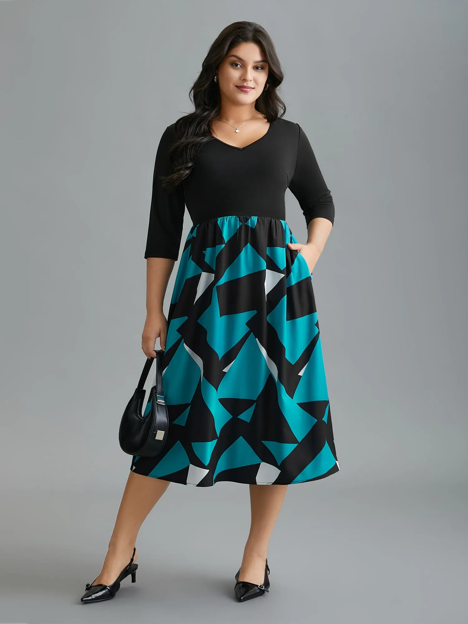 V-Neck Geometric Color Contrast Dress sold by Bloomchic product image thumbnail 3