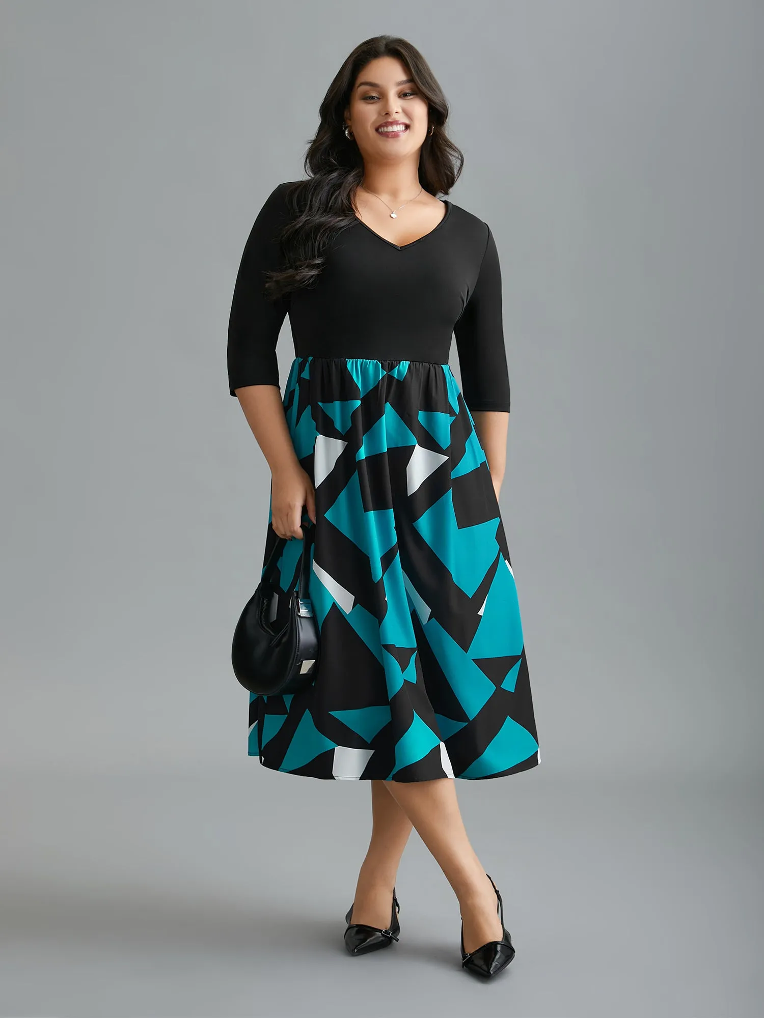 V-Neck Geometric Color Contrast Dress sold by Bloomchic product image thumbnail 2