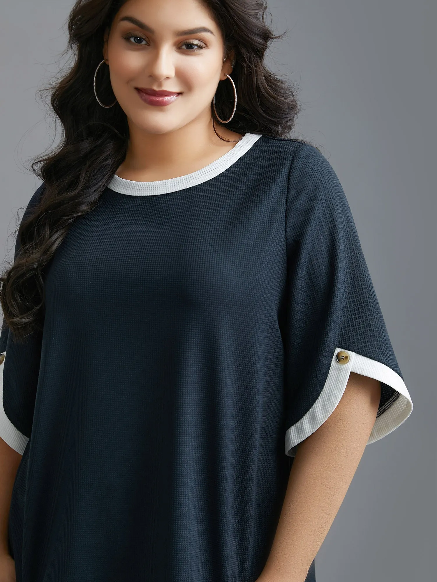 Color Contrast Waffle Knit Bell Sleeve T-Shirt sold by Bloomchic product image thumbnail 4