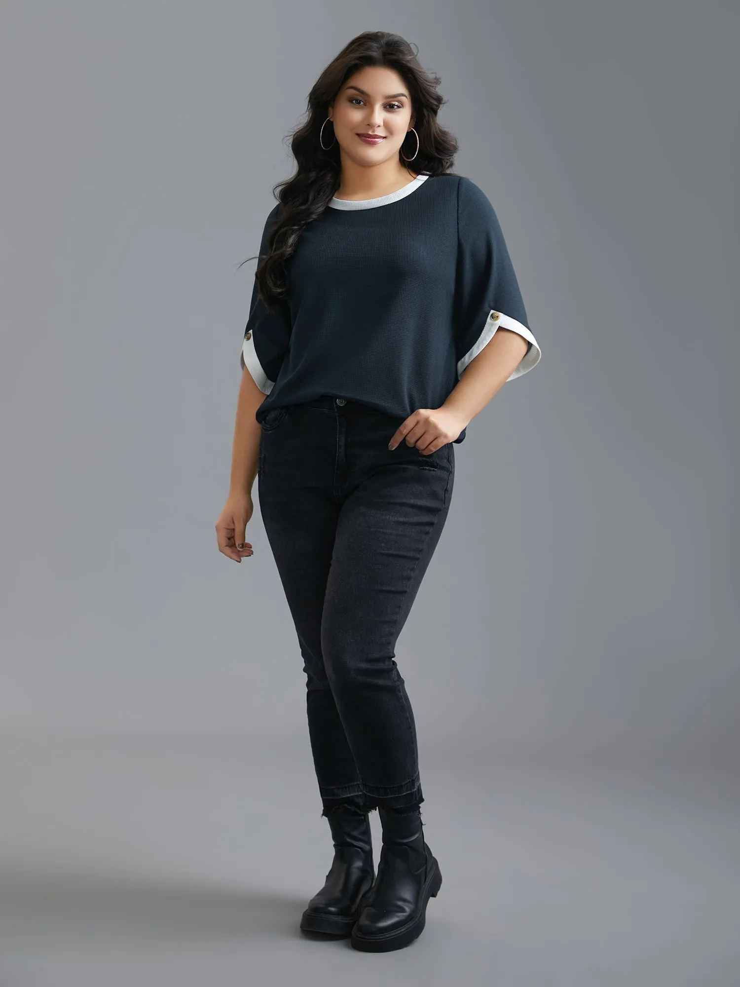 Color Contrast Waffle Knit Bell Sleeve T-Shirt sold by Bloomchic product image thumbnail 3