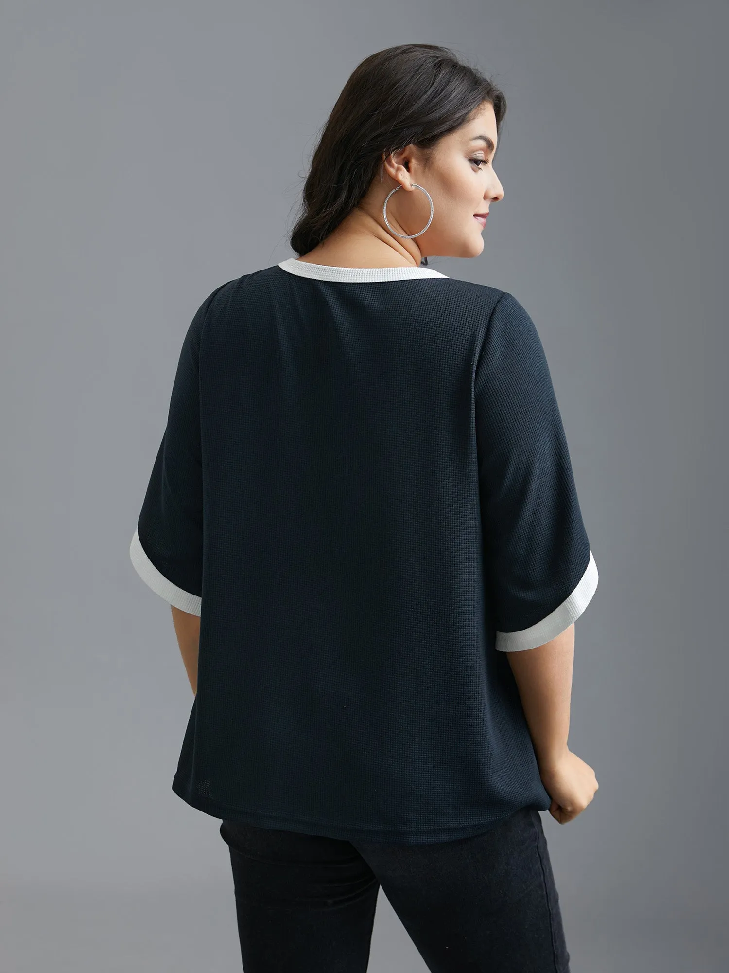 Color Contrast Waffle Knit Bell Sleeve T-Shirt sold by Bloomchic product image thumbnail 2