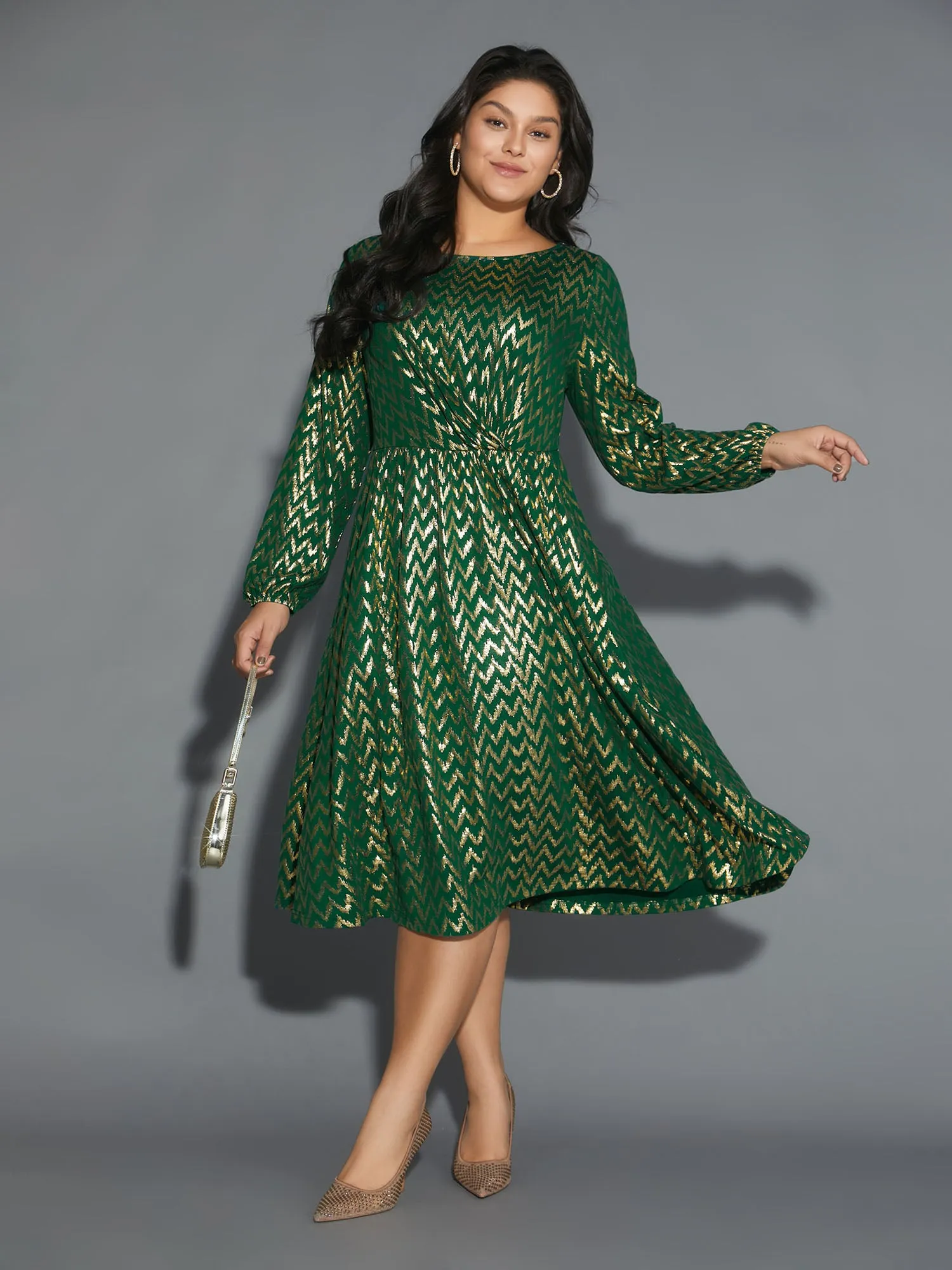 Crew Neck Glitter Geometric Gathered Dress sold by Bloomchic