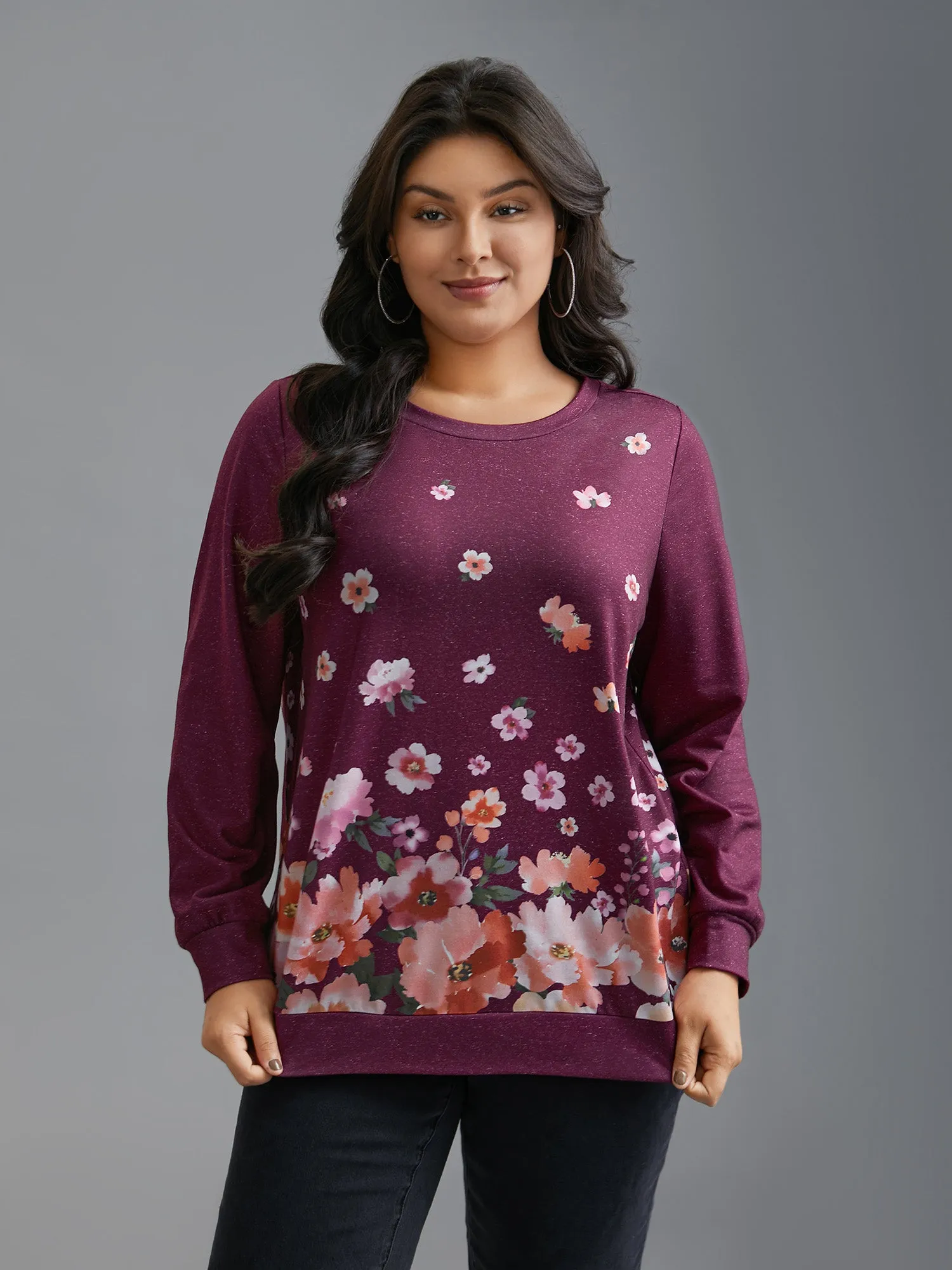 Round Neck Floral Stretchy Sleeve Sweatshirt sold by Bloomchic product image thumbnail 3