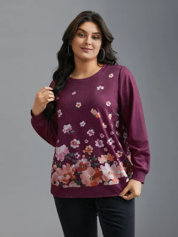 Round Neck Floral Stretchy Sleeve Sweatshirt sold by Bloomchic