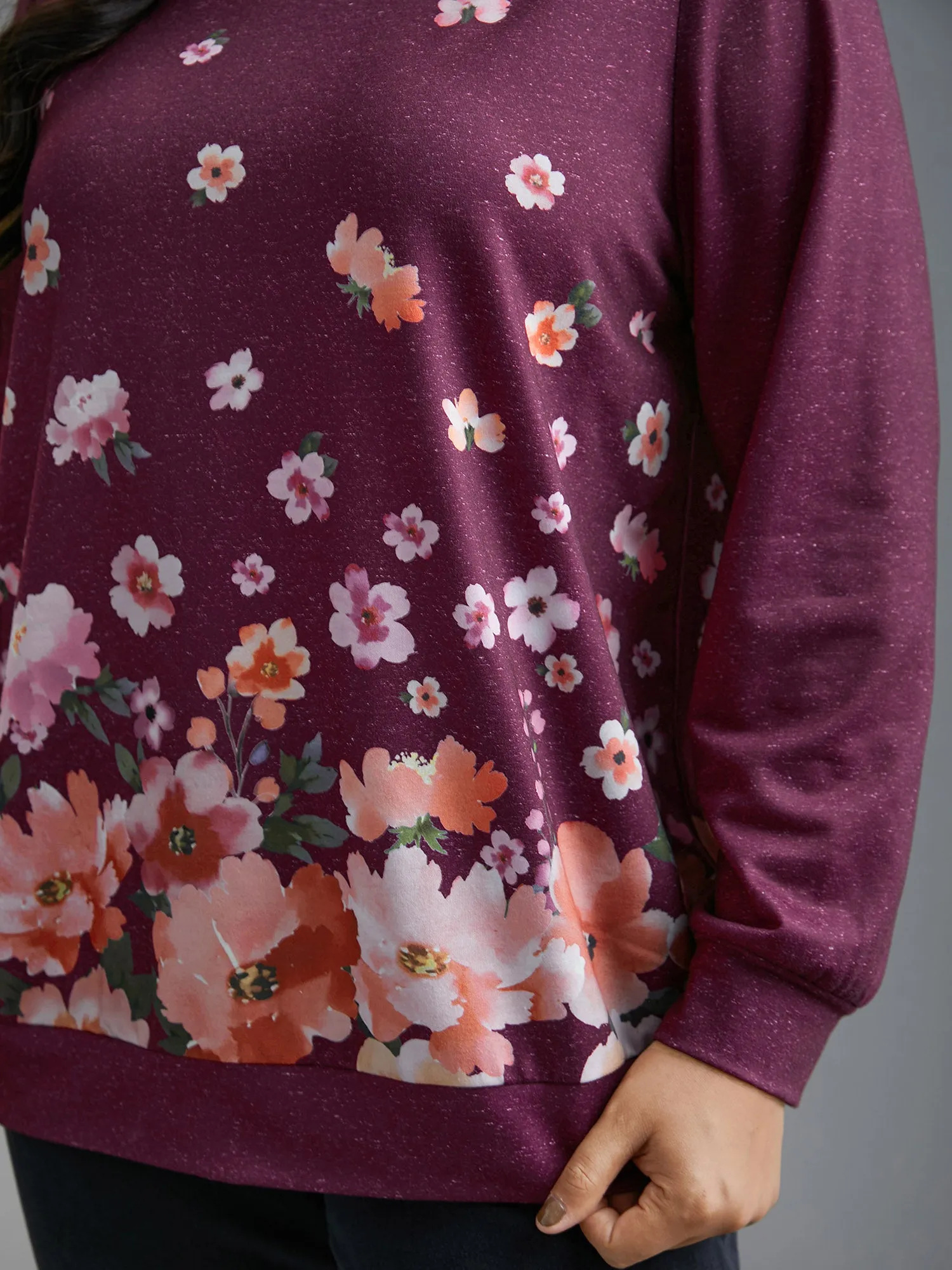 Round Neck Floral Stretchy Sleeve Sweatshirt sold by Bloomchic product image thumbnail 5