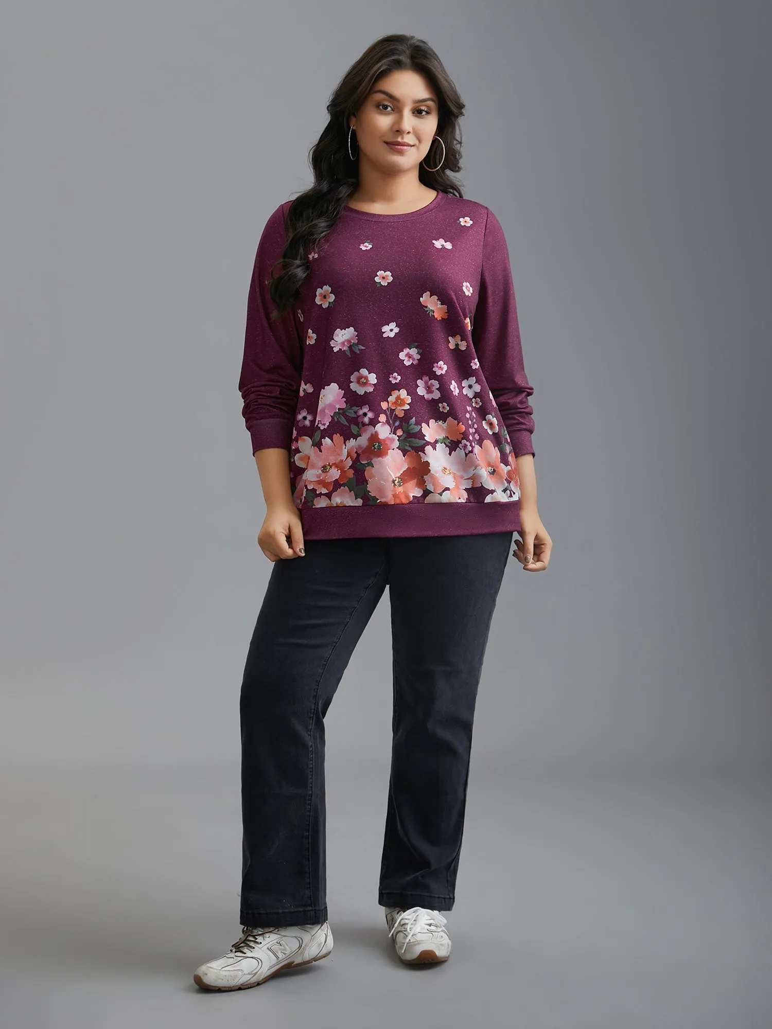 Round Neck Floral Stretchy Sleeve Sweatshirt sold by Bloomchic product image thumbnail 4
