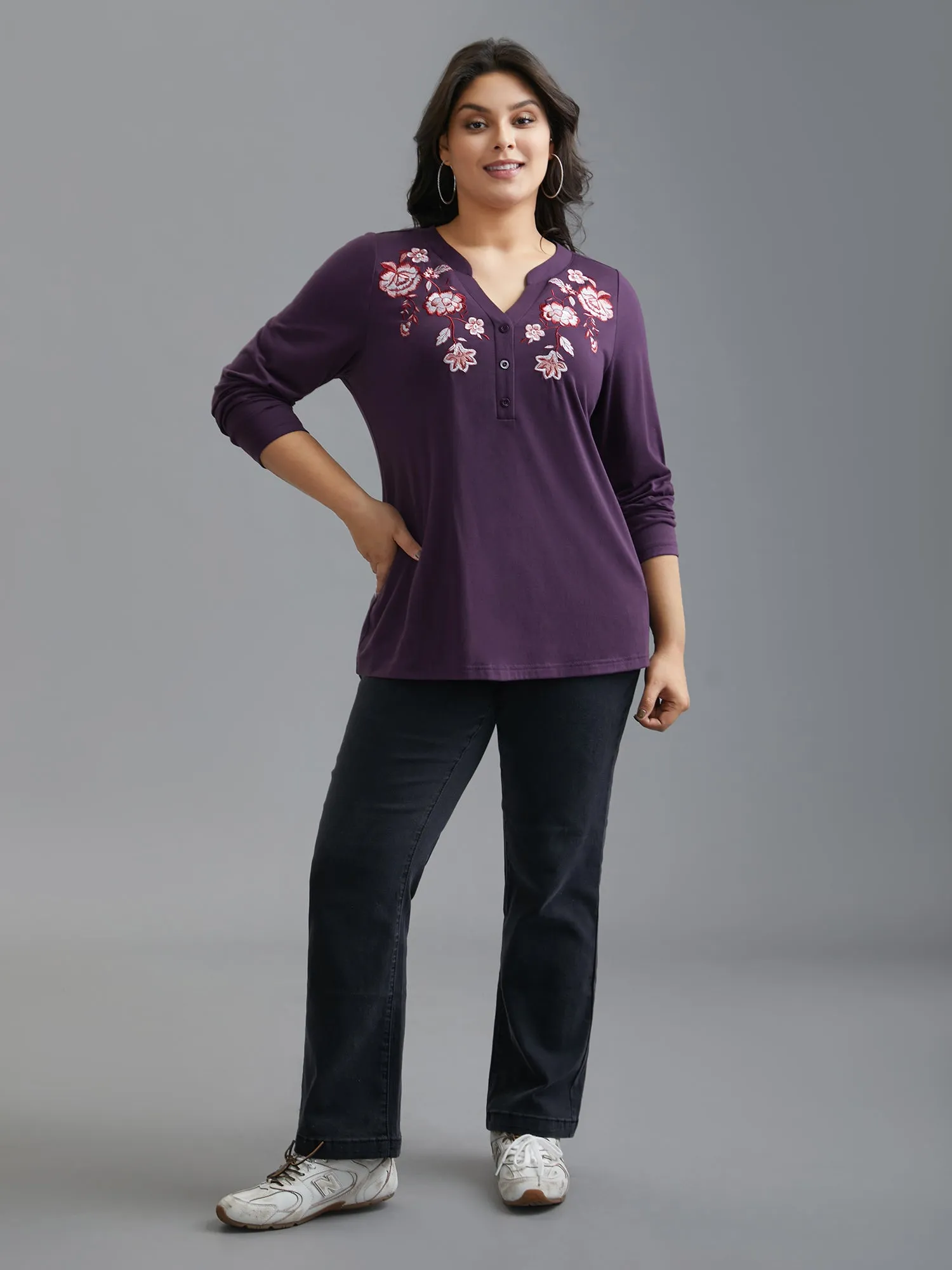 Notched Floral Embroidered Button Top sold by Bloomchic product image thumbnail 5
