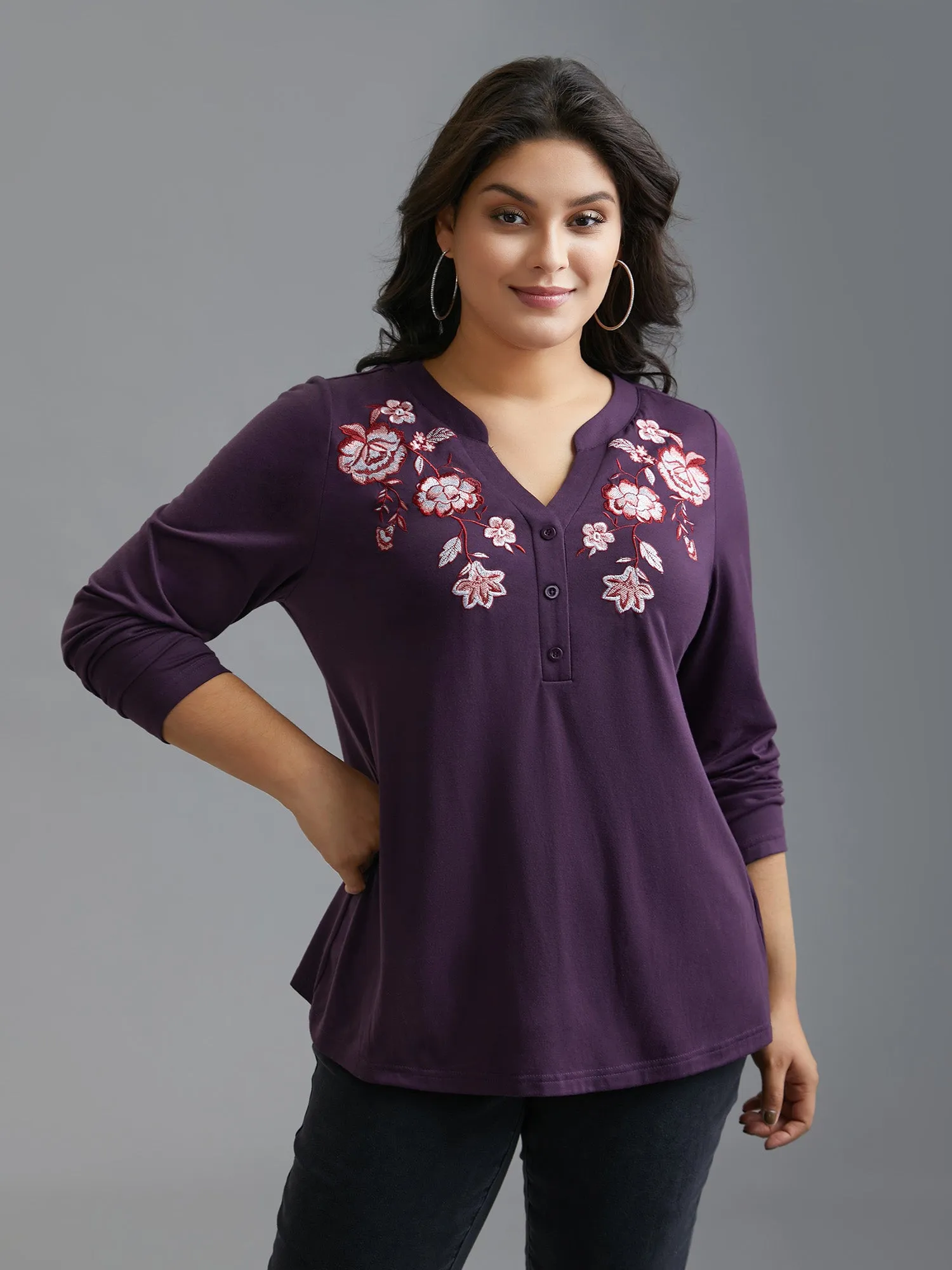 Notched Floral Embroidered Button Top sold by Bloomchic