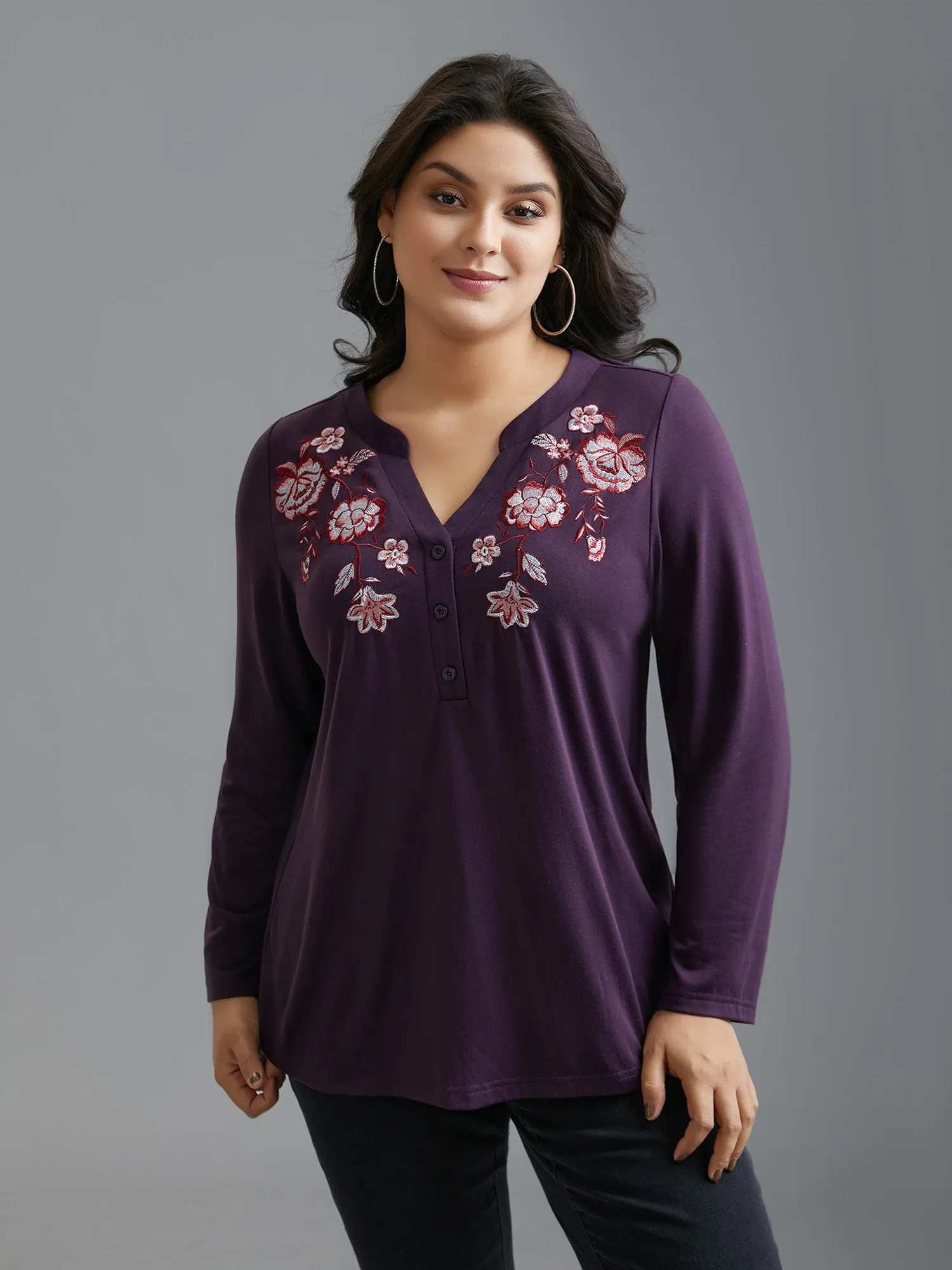 Notched Floral Embroidered Button Top sold by Bloomchic product image thumbnail 3