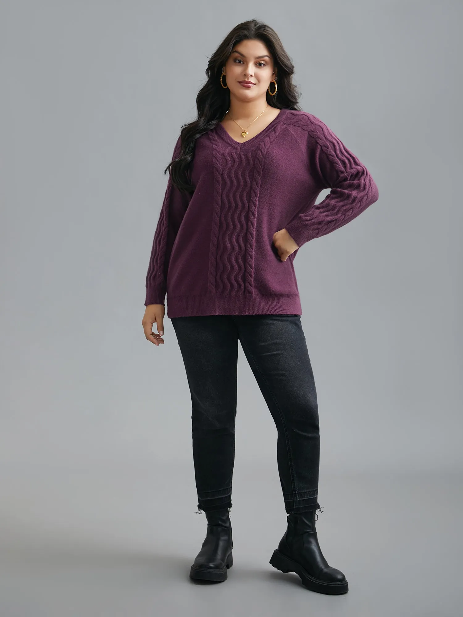 Plain V Neck Cable Knit Pullover sold by Bloomchic product image thumbnail 3