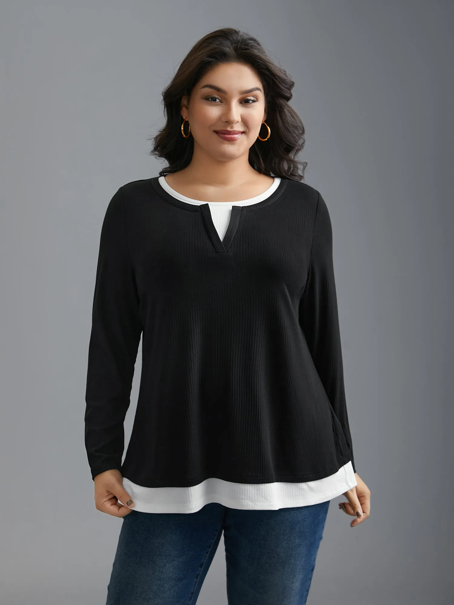 Notched Patchwork 2-In-1 Knit Top sold by Bloomchic