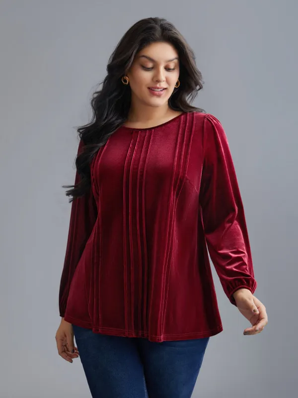 Plain Round Neck Gathered Velvet Blouse sold by Bloomchic