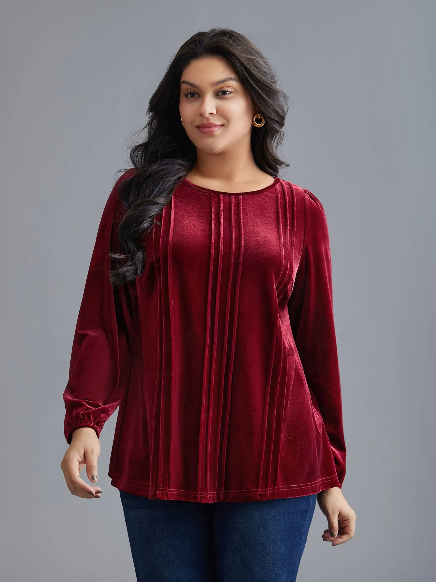 Plain Round Neck Gathered Velvet Blouse sold by Bloomchic product image thumbnail 3