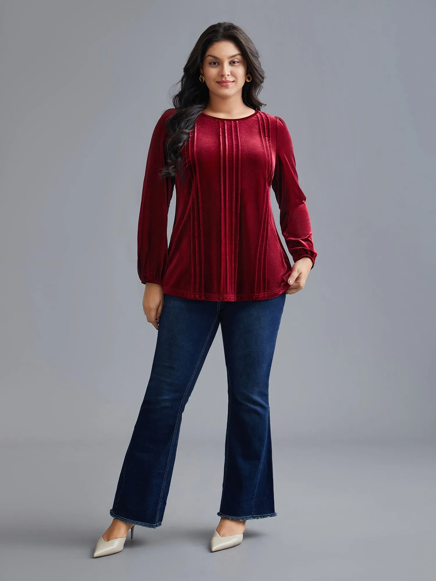 Plain Round Neck Gathered Velvet Blouse sold by Bloomchic product image thumbnail 2