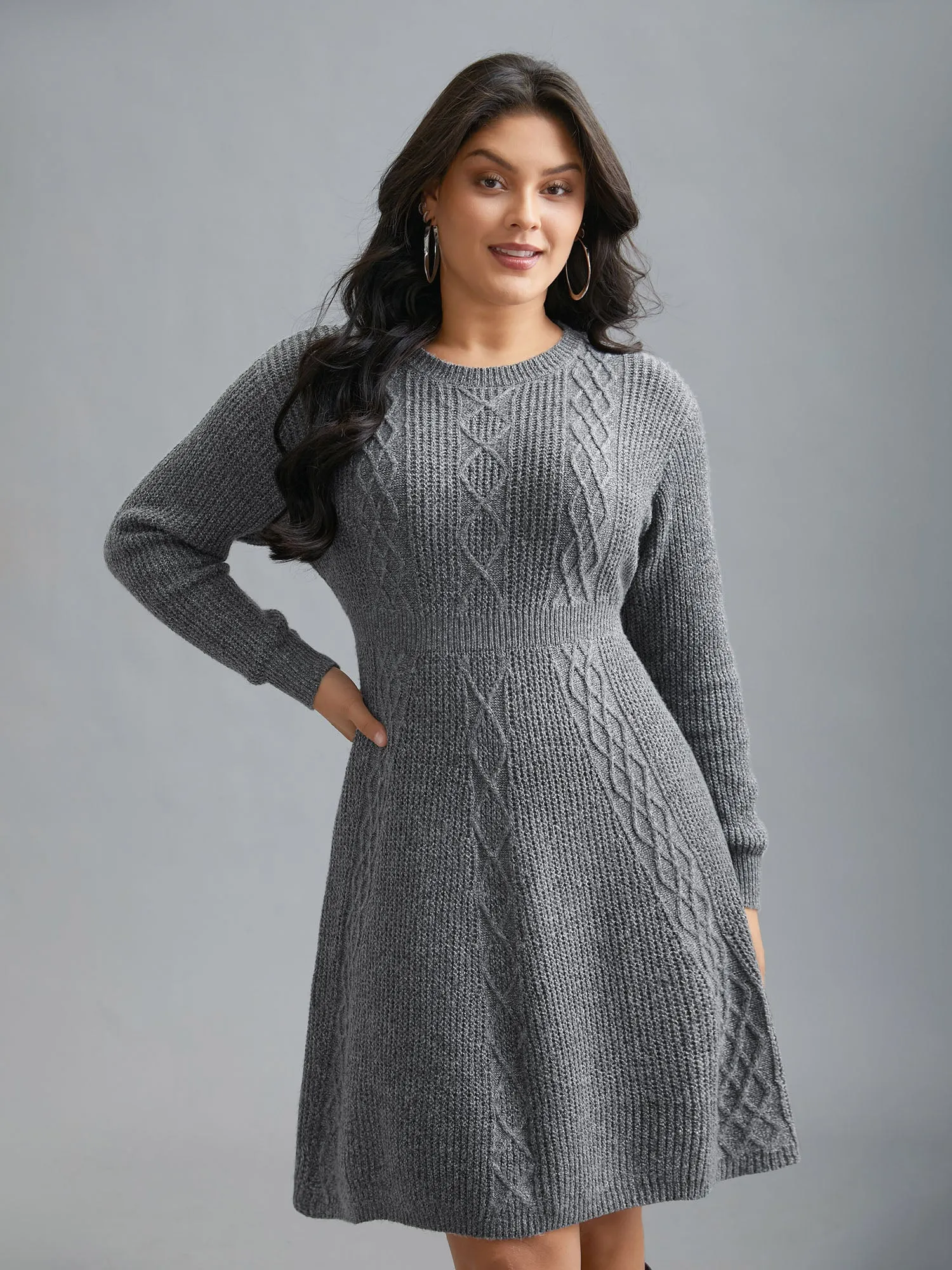 Cable Knit Ribbed Waist Cinched Midi Sweater Dress sold by Bloomchic