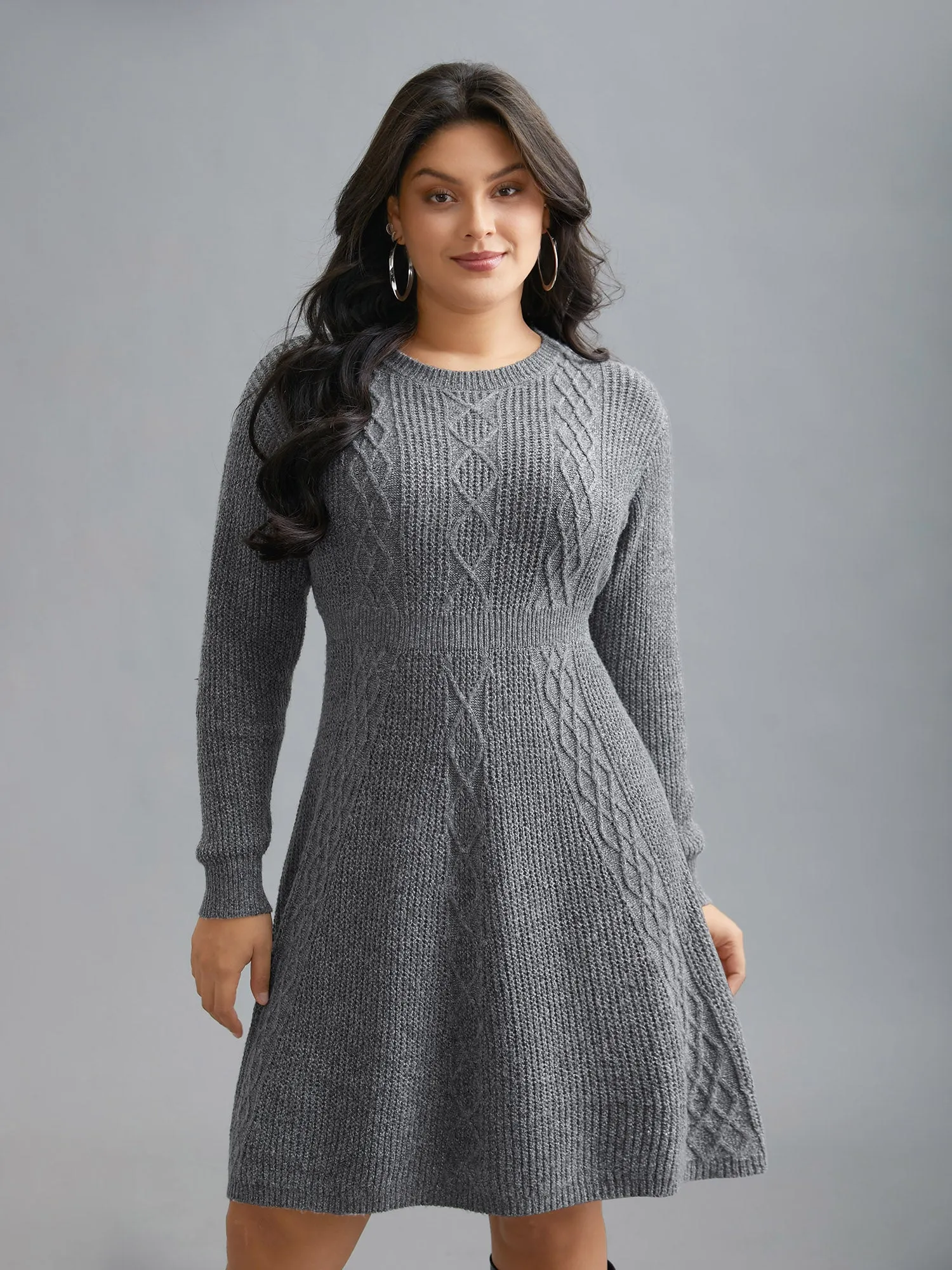 Cable Knit Ribbed Waist Cinched Midi Sweater Dress sold by Bloomchic product image thumbnail 4