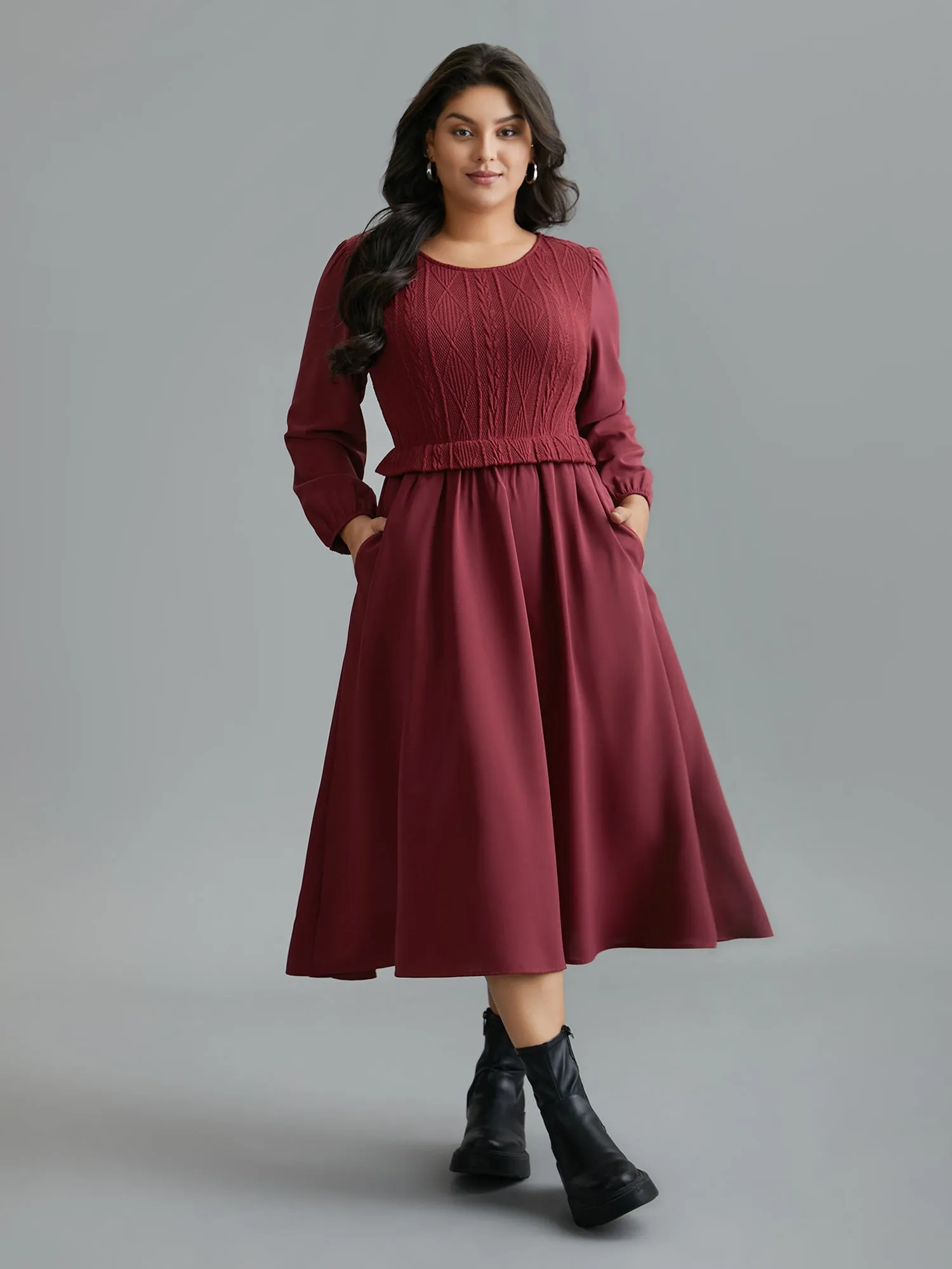 Solid Cable Knit Lantern Sleeve Dress sold by Bloomchic product image thumbnail 3