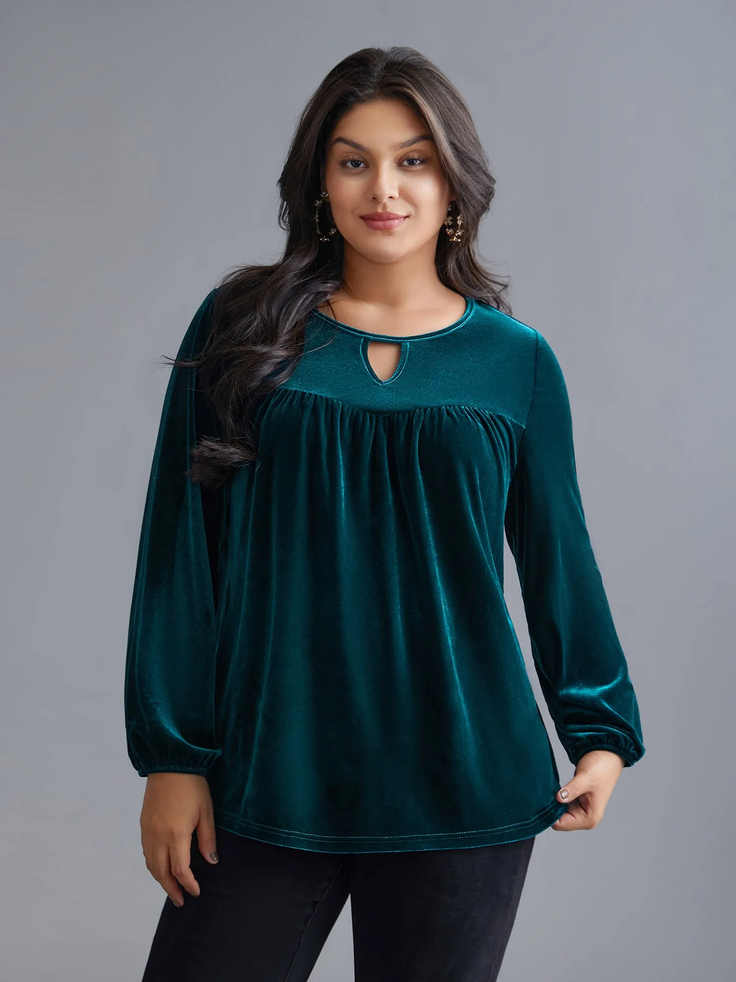 Plain Hollow Out Gathered Velvet Blouse sold by Bloomchic product image thumbnail 3