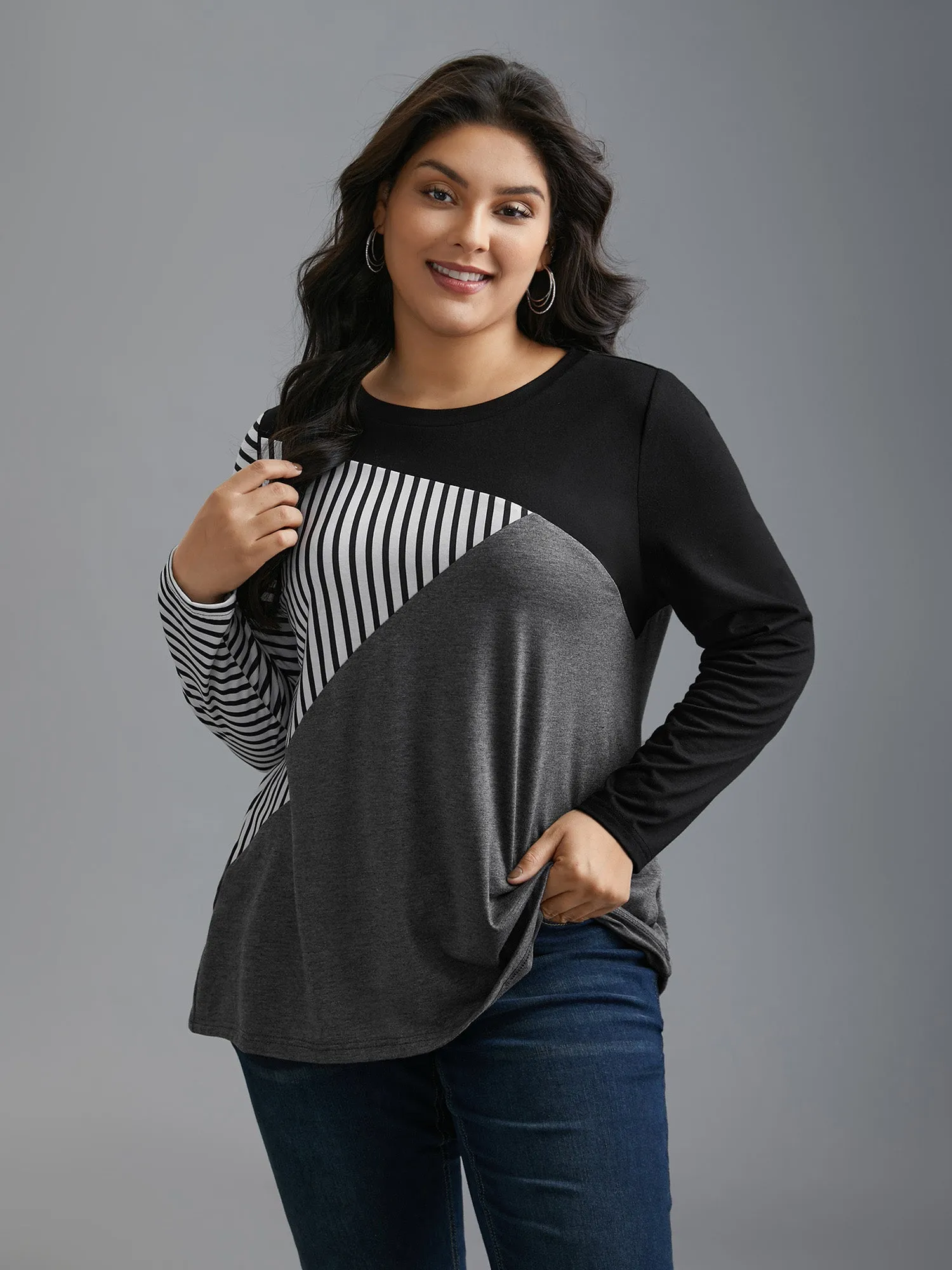 Crew Neck Striped Color Contrast Patchwork Top sold by Bloomchic