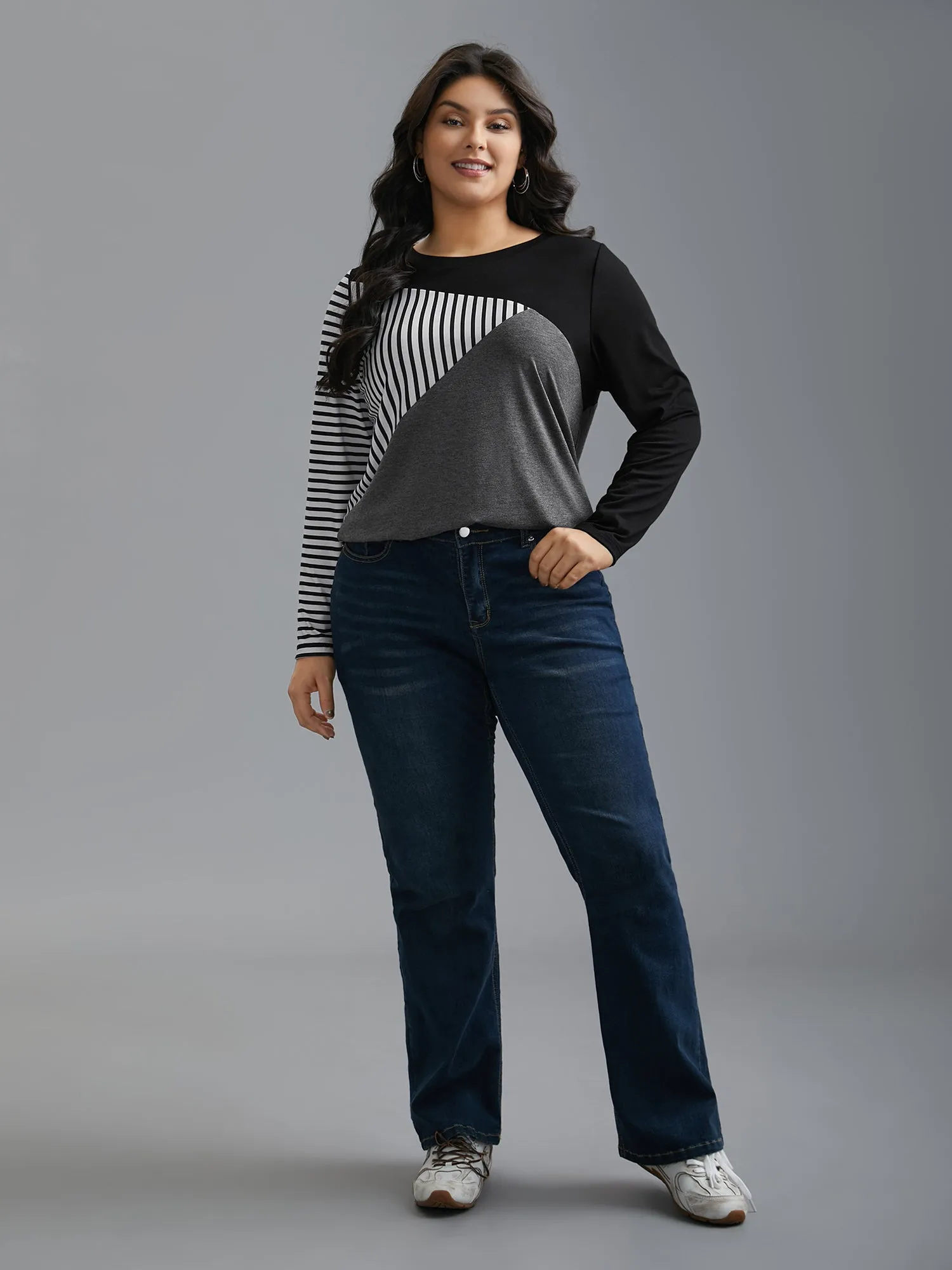 Crew Neck Striped Color Contrast Patchwork Top sold by Bloomchic product image thumbnail 3