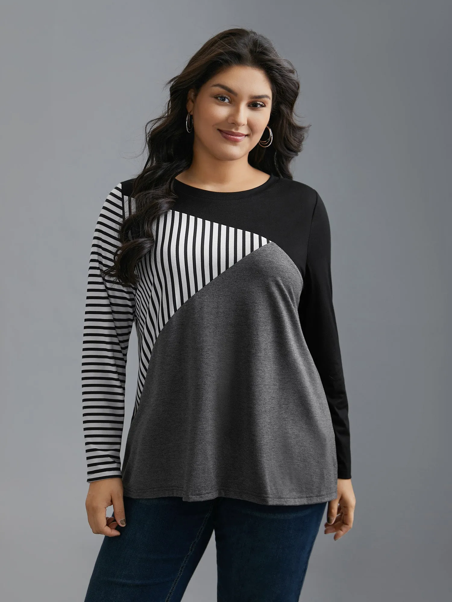 Crew Neck Striped Color Contrast Patchwork Top sold by Bloomchic product image thumbnail 2