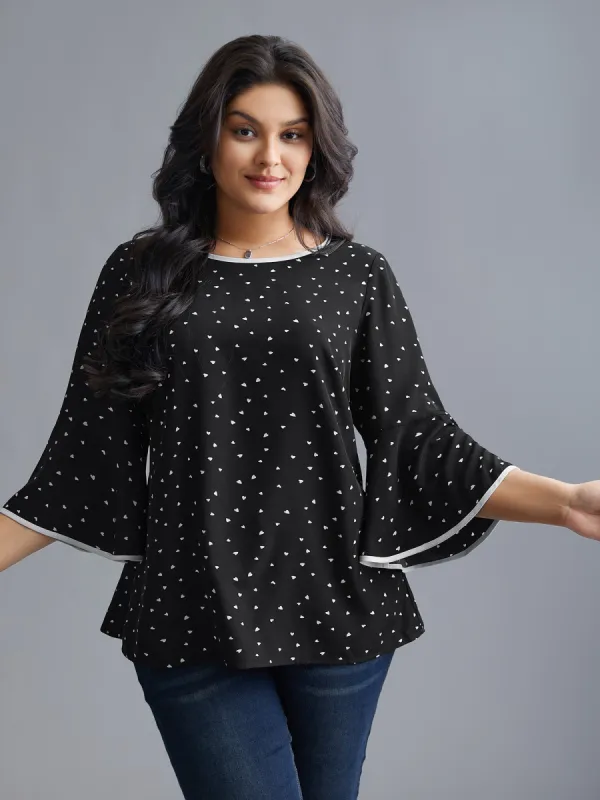 Heart Print Bell Sleeve Patchwork Blouse sold by Bloomchic
