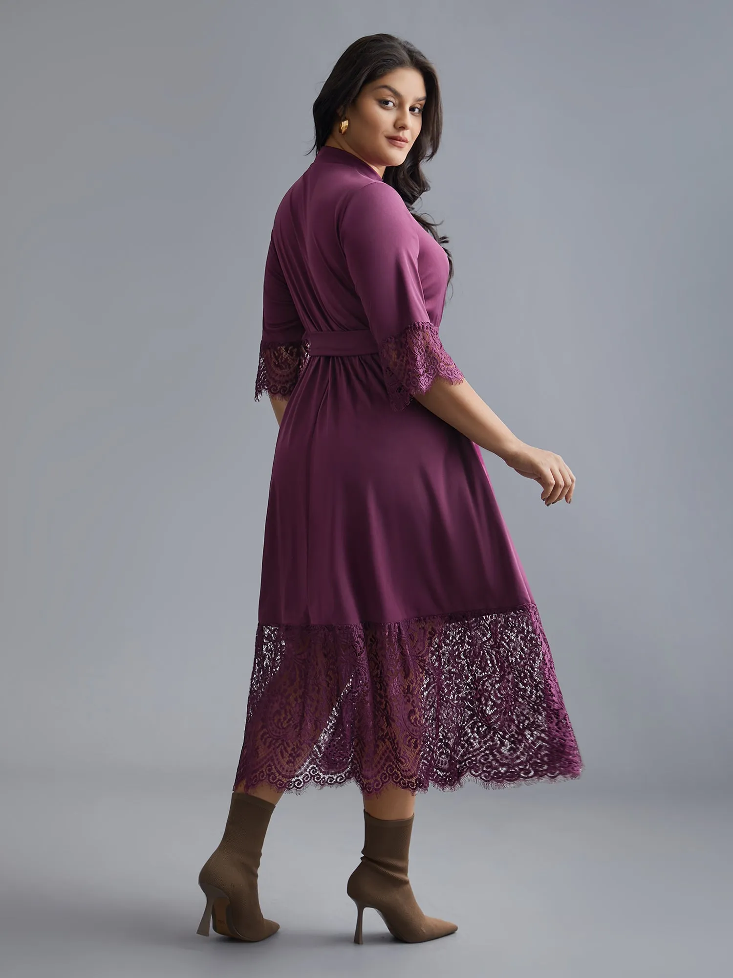 Mock Neck Crochet Lace Belted Dress sold by Bloomchic product image thumbnail 5