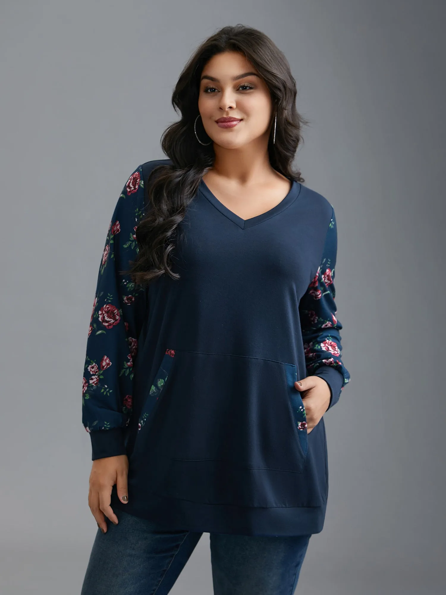 Ditsy Floral Patchwork Kangaroo Pocket Sweatshirt sold by Bloomchic