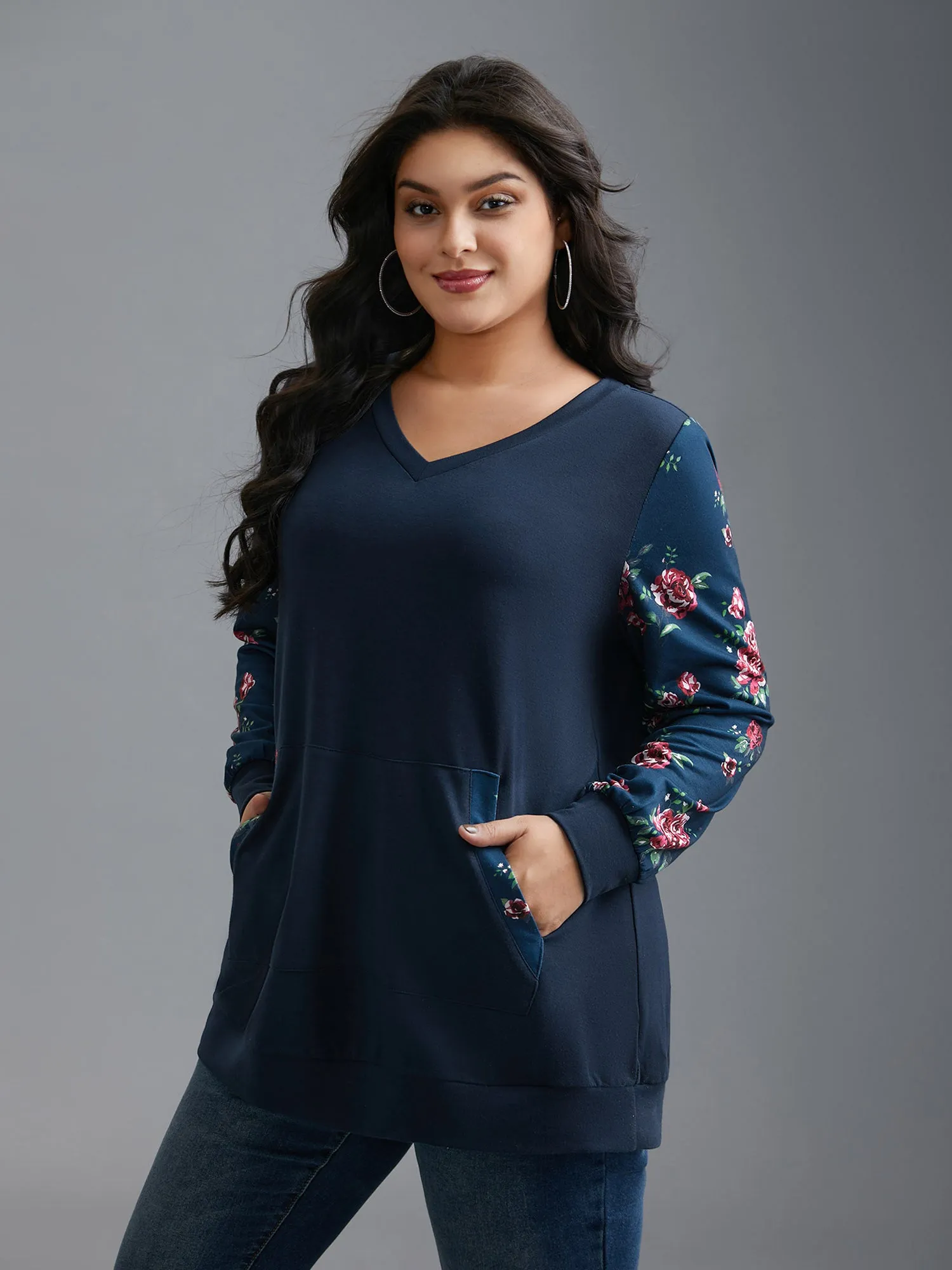 Ditsy Floral Patchwork Kangaroo Pocket Sweatshirt sold by Bloomchic product image thumbnail 2