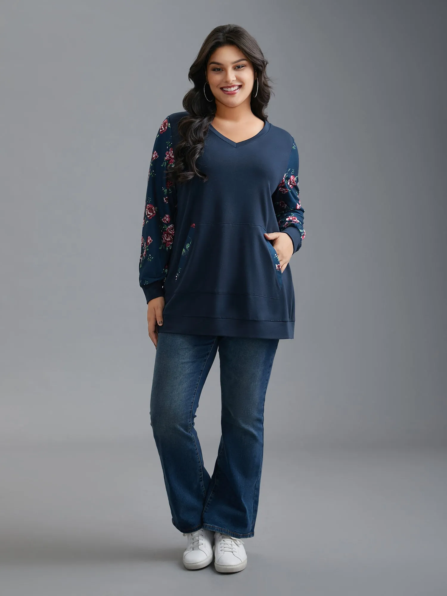 Ditsy Floral Patchwork Kangaroo Pocket Sweatshirt sold by Bloomchic product image thumbnail 4