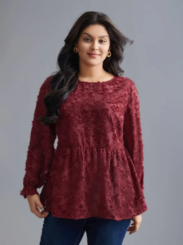 Round Neck Jacquard Plisse Ruched Blouse sold by Bloomchic