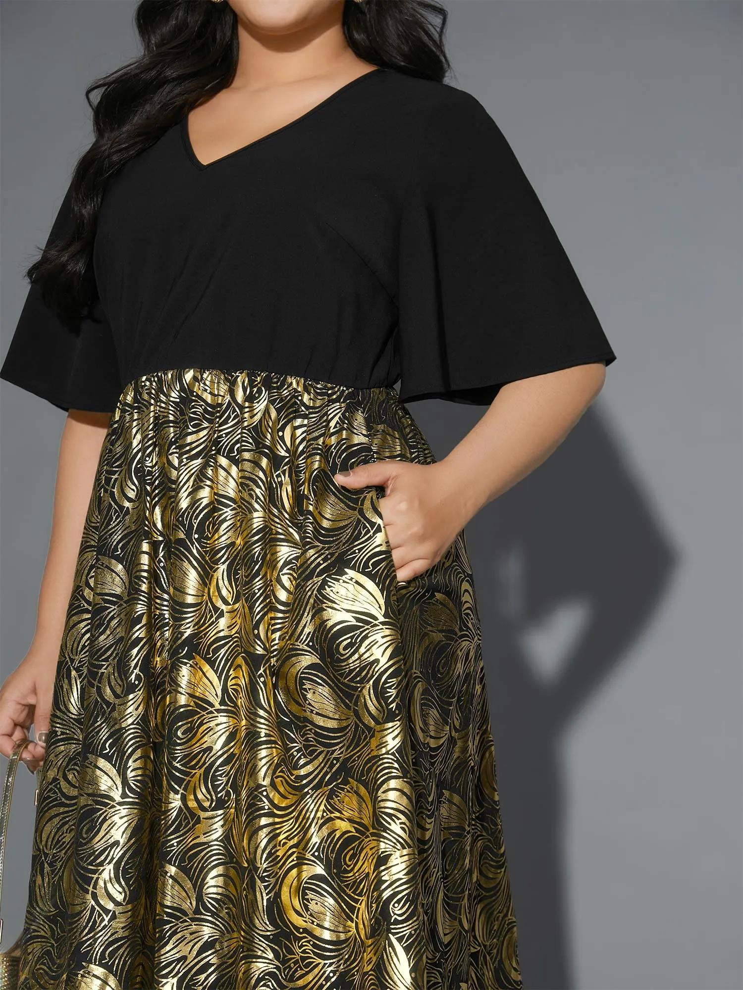 V Neck Glitter Flounce Sleeve Dress sold by Bloomchic product image thumbnail 3