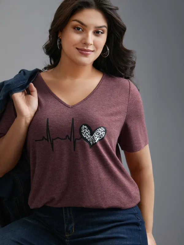 V Neck Heart Print T-Shirt sold by Bloomchic