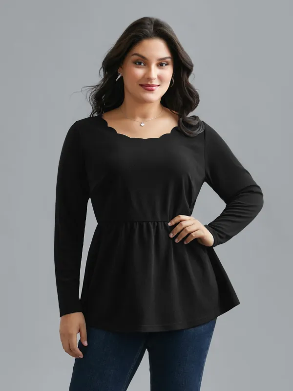 Scalloped Neck Elastic Waist Knit Top sold by Bloomchic