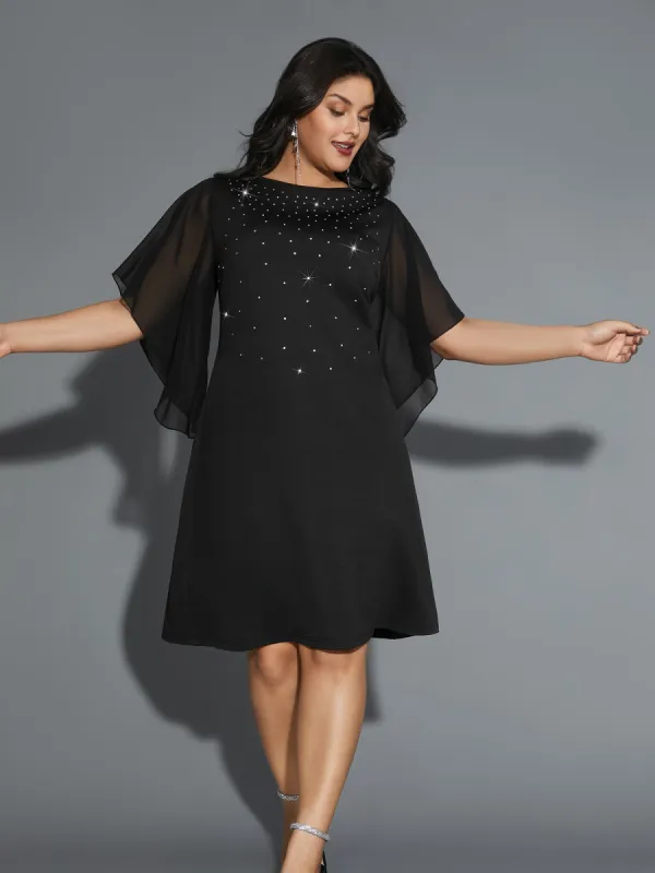 Rhinestone Ruffle Sleeve Mesh Patchwork Dress sold by Bloomchic