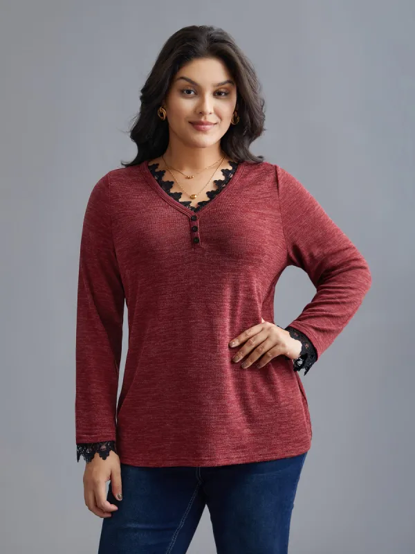 V Neck Lace Trim Stitch Button Detail T-Shirt sold by Bloomchic