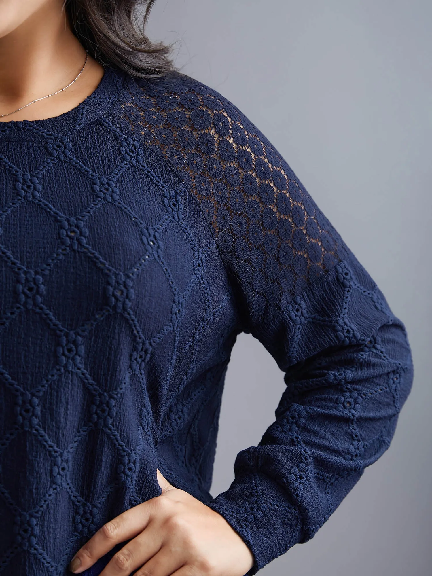 Raglan Lace Mesh Sleeve Textured Sweatshirt sold by Bloomchic product image thumbnail 3