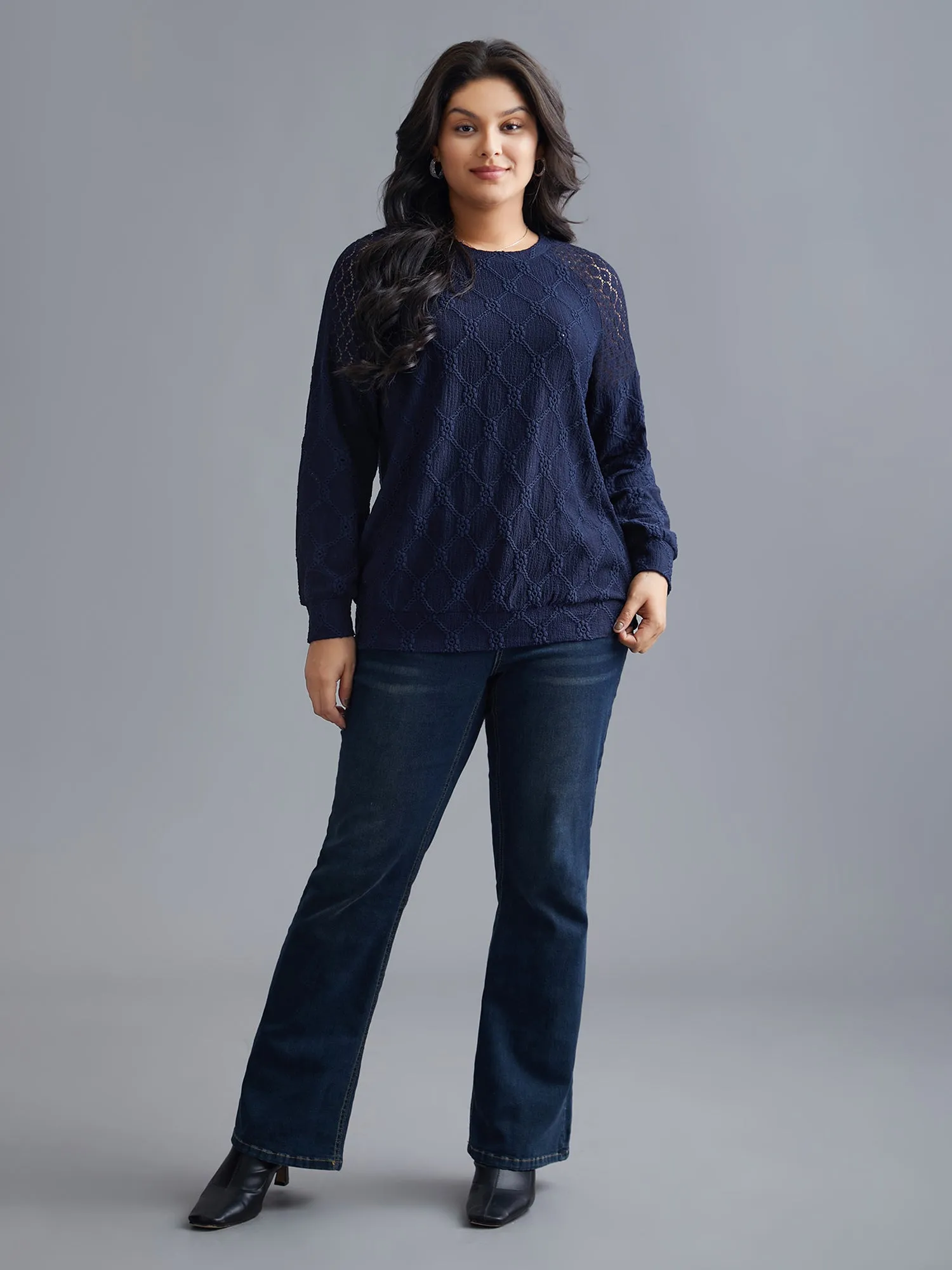 Raglan Lace Mesh Sleeve Textured Sweatshirt sold by Bloomchic product image thumbnail 5