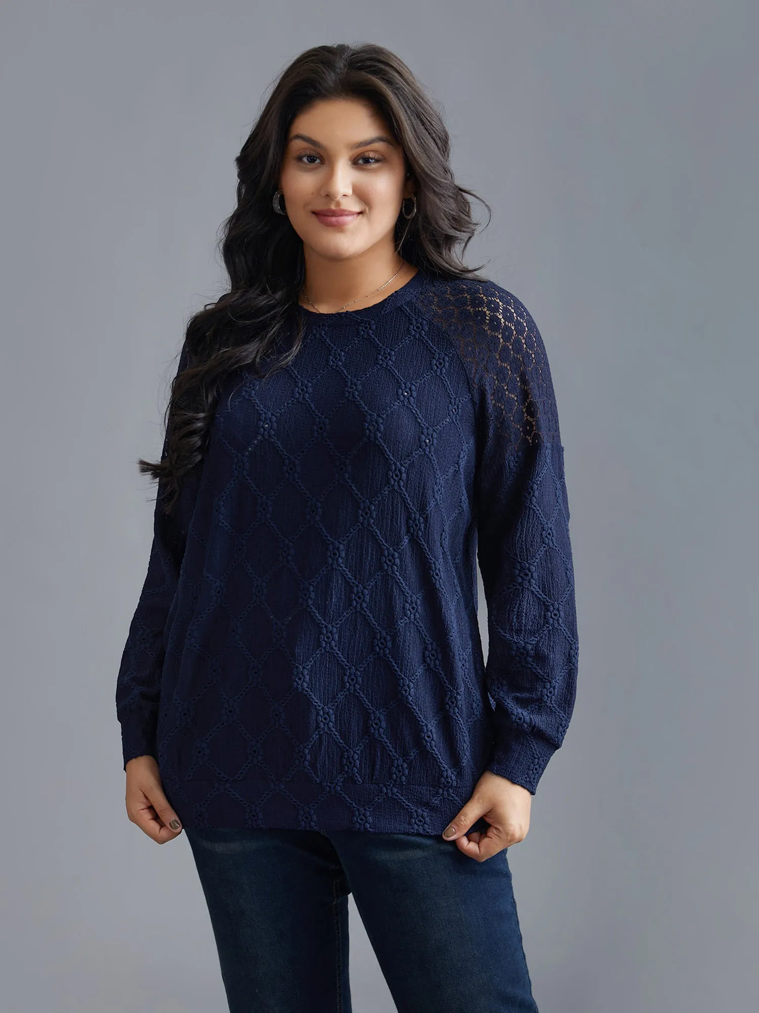 Raglan Lace Mesh Sleeve Textured Sweatshirt sold by Bloomchic product image thumbnail 2