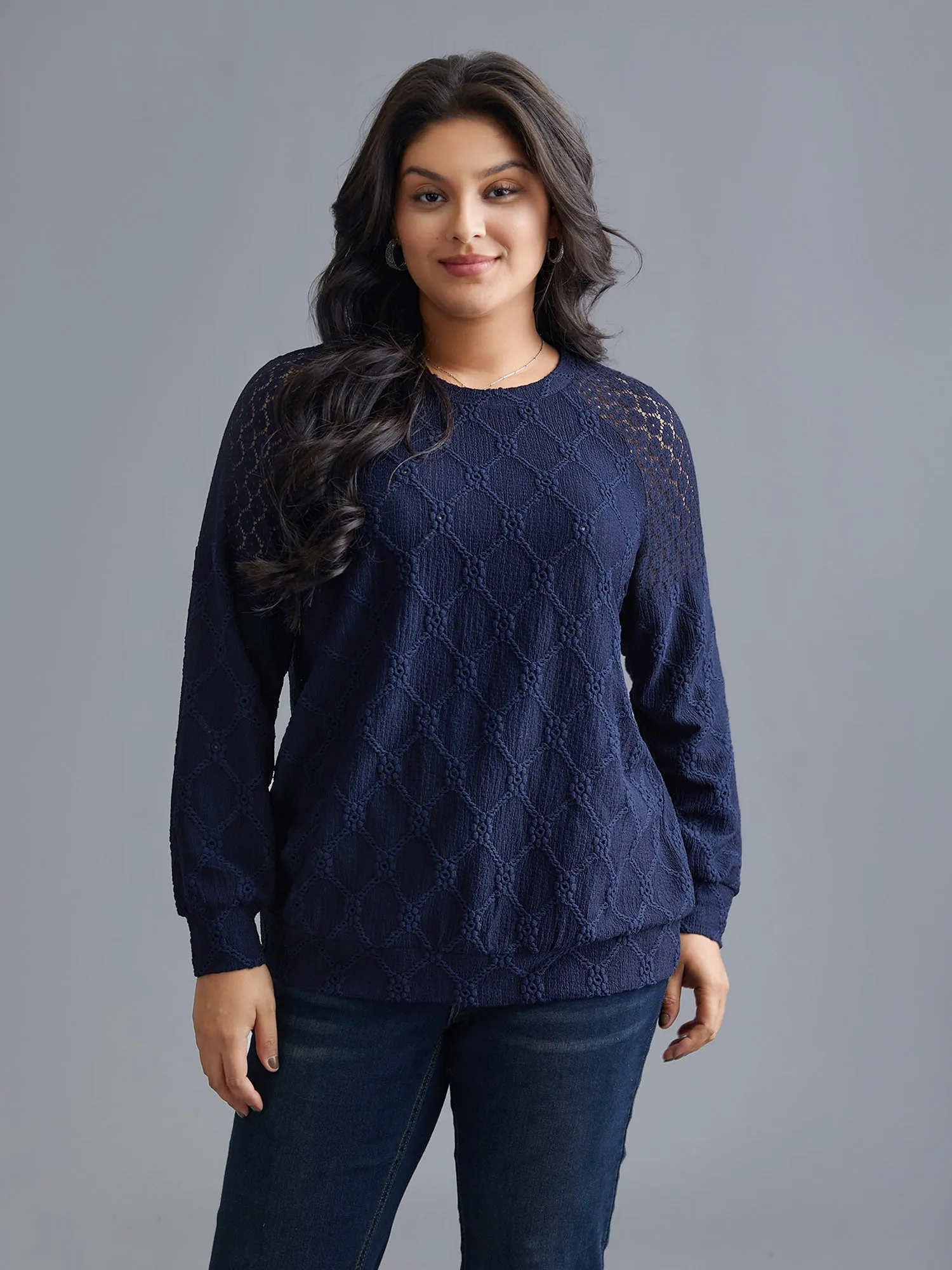 Raglan Lace Mesh Sleeve Textured Sweatshirt sold by Bloomchic