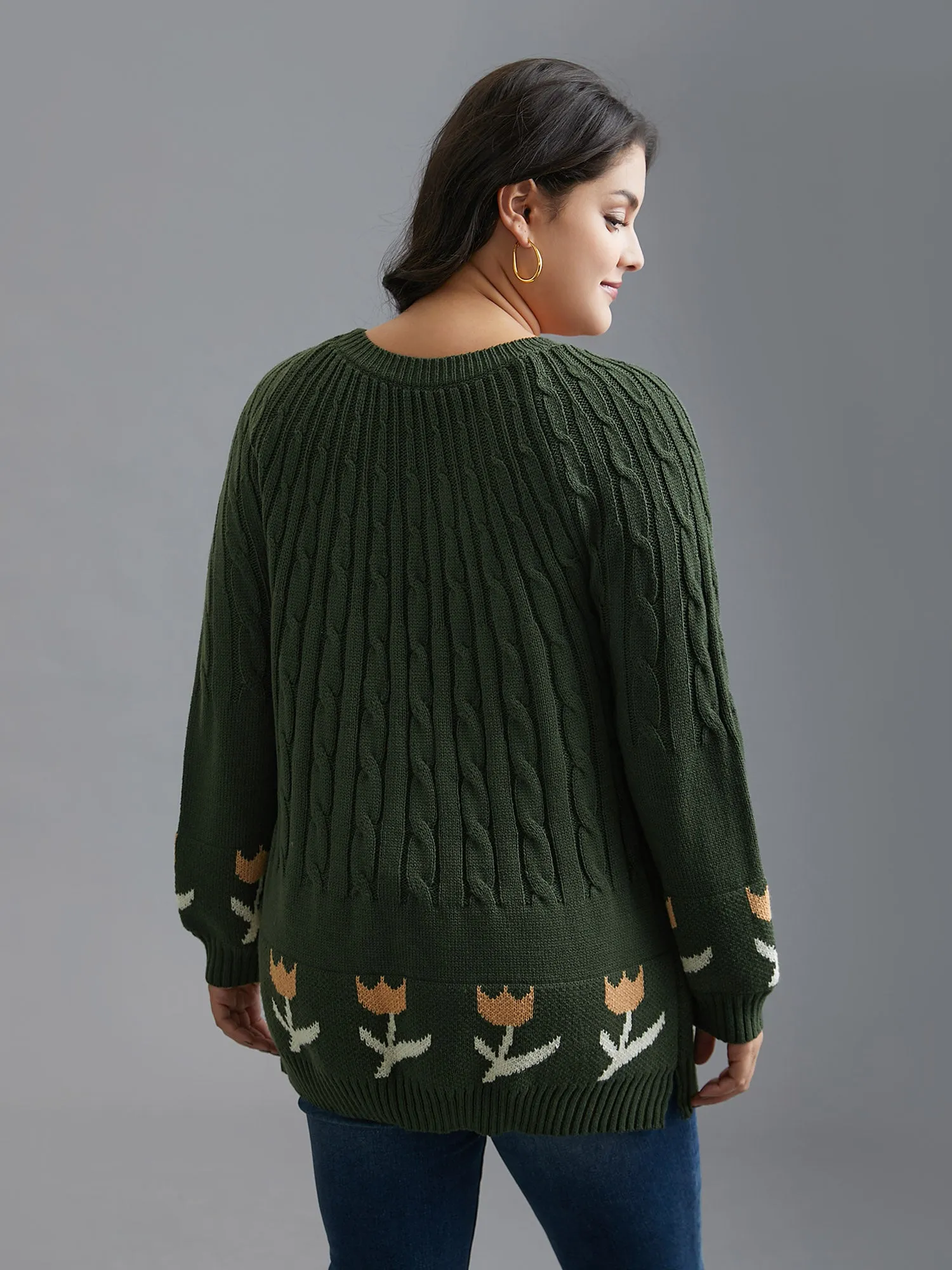 Cable Knit Floral Ribbed Hem Pullover sold by Bloomchic product image thumbnail 2