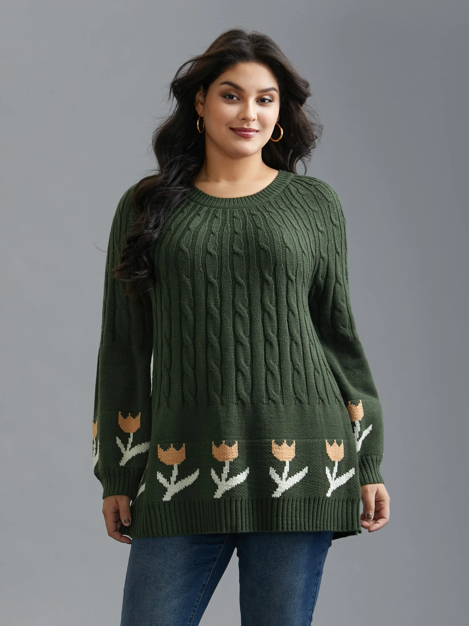 Cable Knit Floral Ribbed Hem Pullover sold by Bloomchic