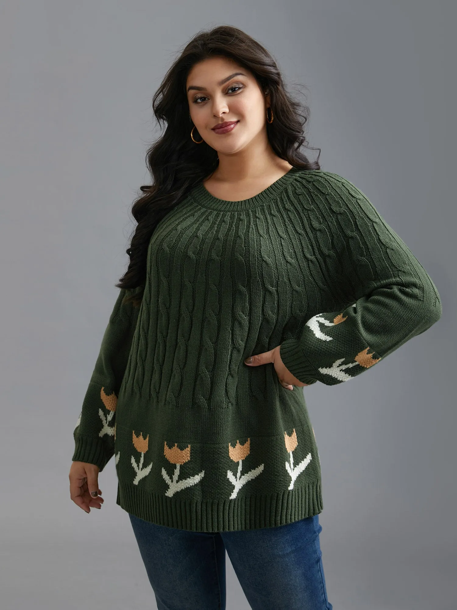 Cable Knit Floral Ribbed Hem Pullover sold by Bloomchic product image thumbnail 3