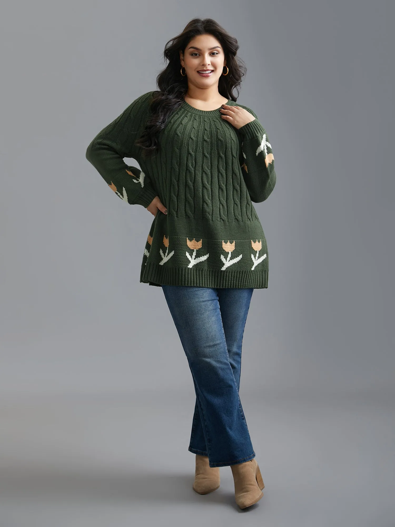 Cable Knit Floral Ribbed Hem Pullover sold by Bloomchic product image thumbnail 4